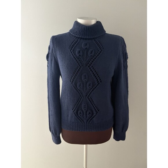Vintage Mark Shale Sweater Size Medium Blue Wool Turtleneck Hand Knitted Tulips - Picture 11 of 11